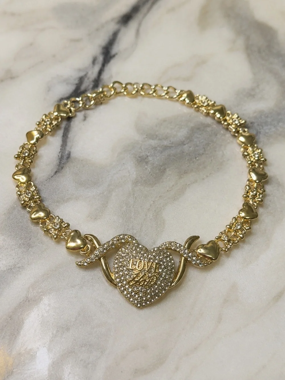 Gold Heart Pavé Necklace with 'LOVE' Accent - Gold Tone